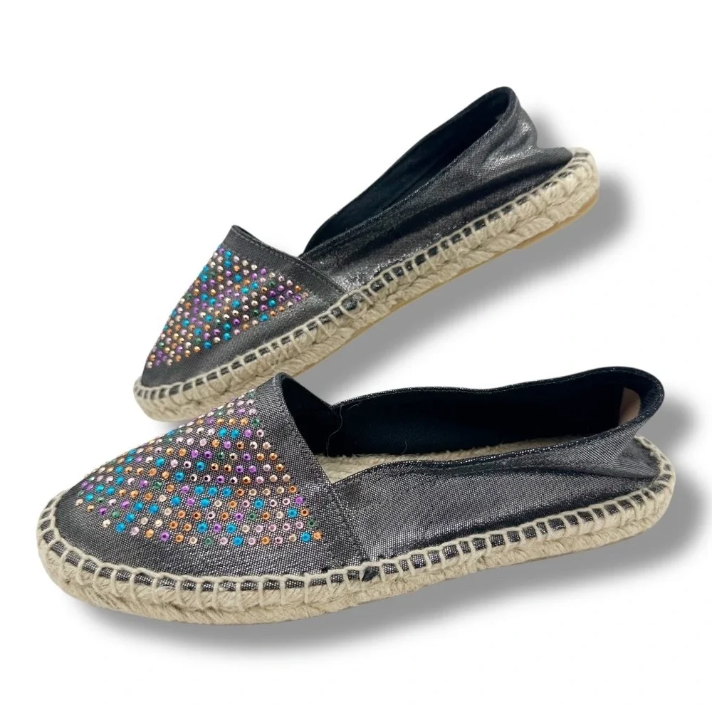 SESTO MulEmbellished Espadrille Flats Metallic‎ Black Rhinestone Slip On Shoe